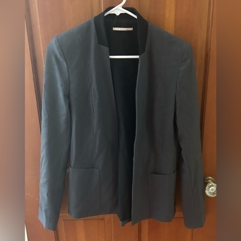 T Tahari Gray Collarless Black Detailed Blazer Jacket Size S